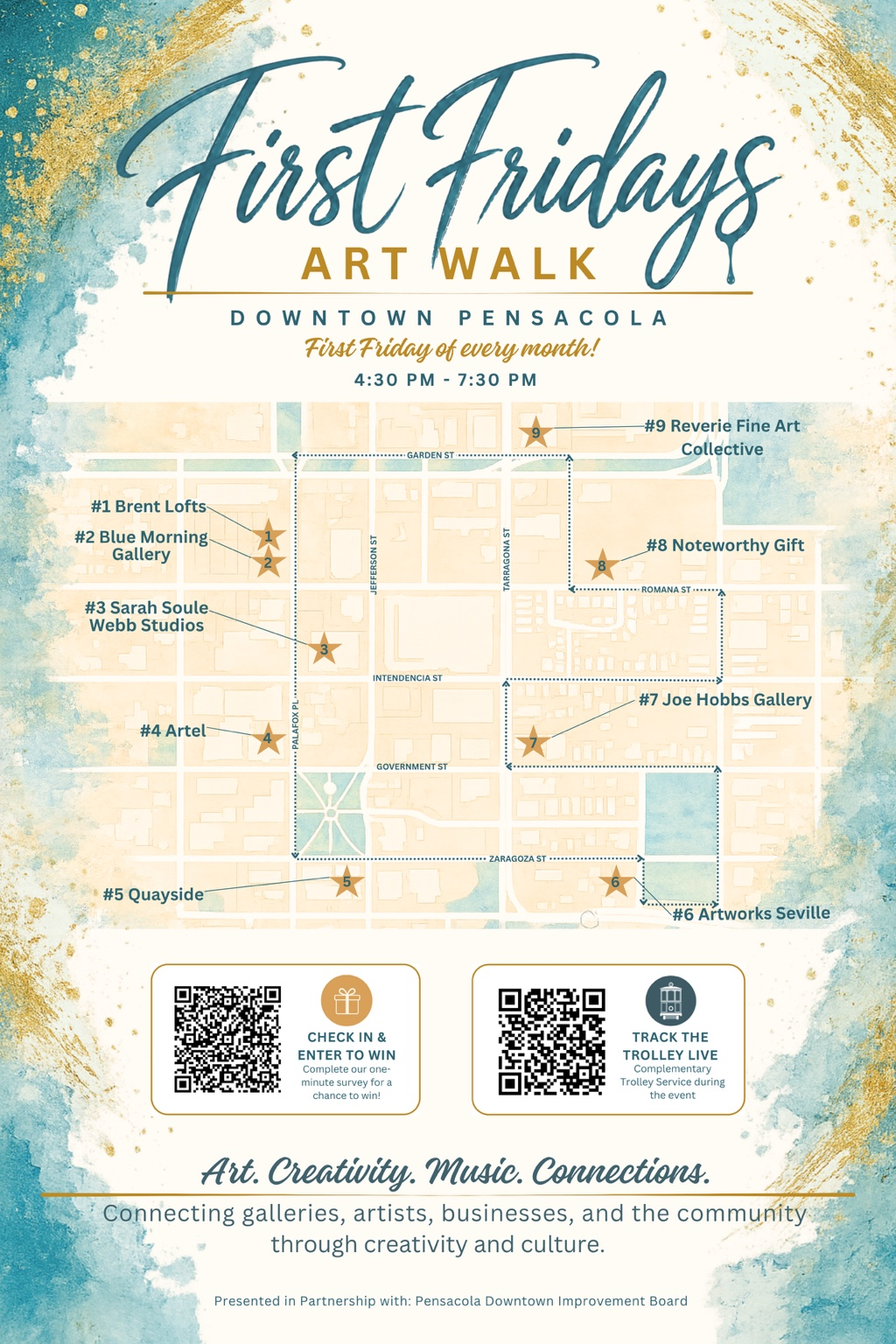 First Fridays Art Walk poster with a downtown Pensacola route map, visitor check-in QR code, live trolley tracker QR code, hours, and participating locations